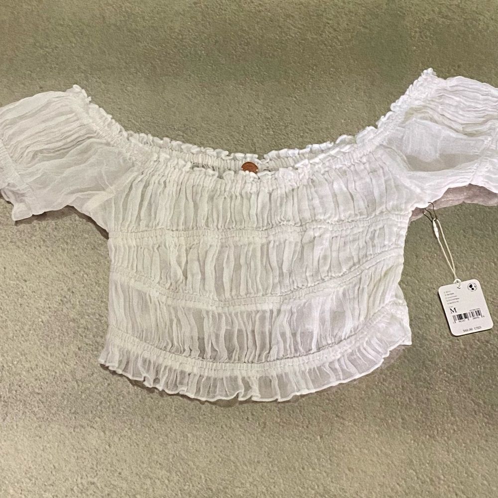 NWT Free People White Smocked Puff Sleeve Top